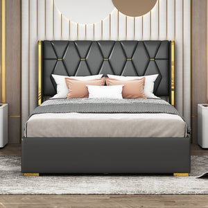 English Elm Full Upholstered Platform Bed with PU Headboard and Metal Accent Strips, Sturdy Slats, Black 440lb Capacity SF000148AAB