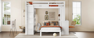 English Elm Full Solid Wood Loft Bed with Removable Lower Bed, Built-In Desk, Shelves & Wardrobe for Space-Saving Designs White W1580S00211