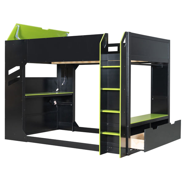 English Elm Full Size Loft Bed with Rgb Lighting Desk Drawers Hanging Rod Teen Bedroom Green LT000288AAF-1