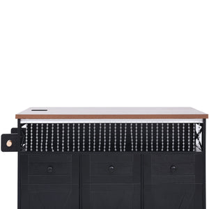 English Elm K&K 46.5'' Farmhouse Kitchen Island Cart with Beaded Drapes, Drop Leaf, Power Hub, Ample Storage Black N707P254872B