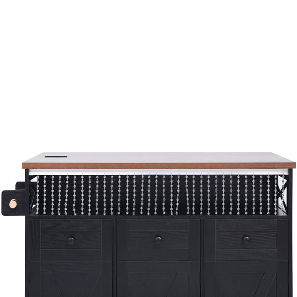 English Elm K&K 46.5'' Farmhouse Kitchen Island Cart with Beaded Drapes, Drop Leaf, Power Hub, Ample Storage Black N707P254872B