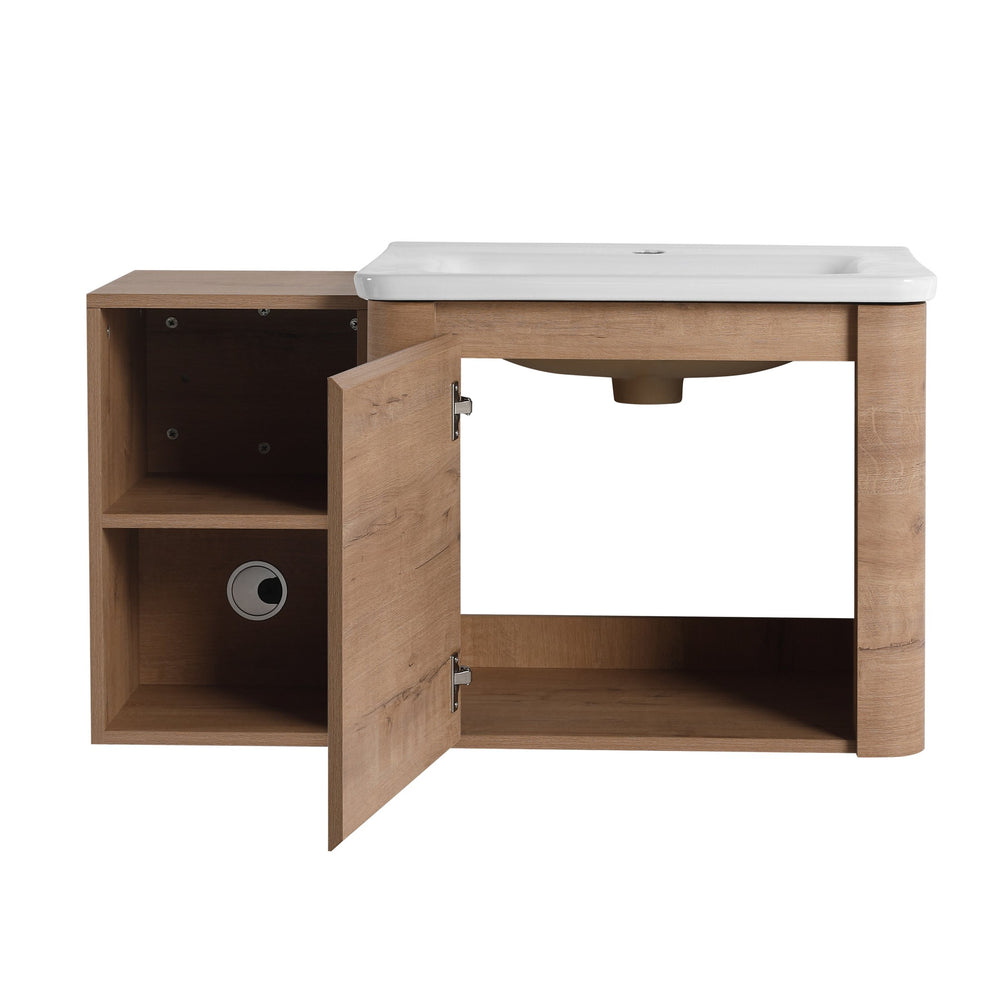 English Elm 36'' 36" Wall-Mounted Vanity with White Ceramic Sink, Plywood Shelves, Soft-Close Door & Rounded Edges W999S00379