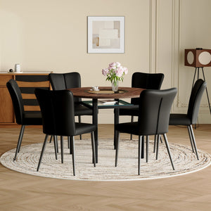 English Elm Table and Chair Set 42 Inch Round Wood Grain Dining with Glass Inlay Six Pu Seats Brown+Black W1151S04496