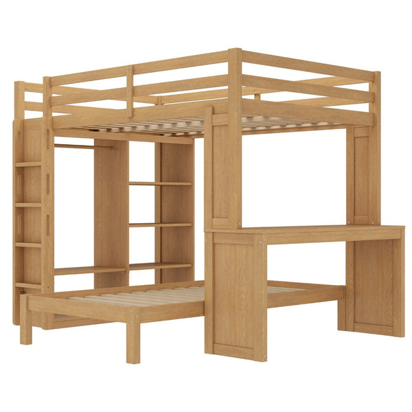 English Elm Queen Over Twin Bunk Bed With Built-In Desk, Storage, And Dismountable Lower Bed - Natural Wood W1580S00216-GIGA