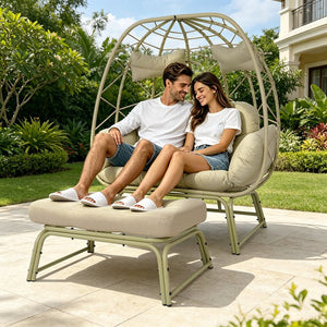 English Elm Double Wicker Egg Chair with Ottoman Bohemian Rattan Outdoor Lounge for Patio T5880P501480