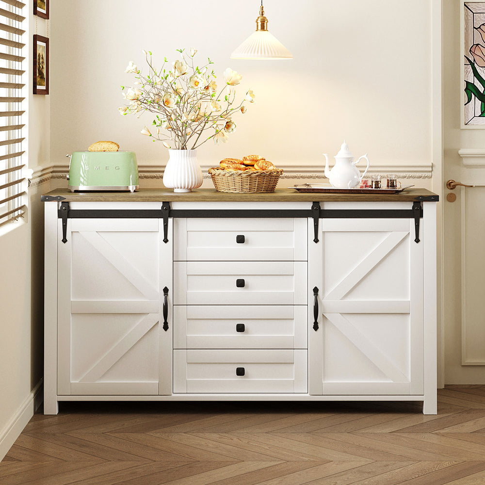 English Elm U-style Farmhouse Sideboard Barn Door Buffet with Drawers Built-in Outlet Dining White N711P347377K