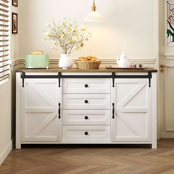 English Elm U-style Farmhouse Sideboard Barn Door Buffet with Drawers Built-in Outlet Dining White N711P347377K