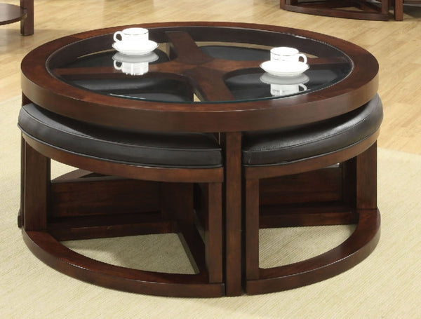 English Elm Dark Walnut Modern Coffee Table Set with 4 Wedge Ottomans, 5mm Beveled Glass Top, 40" Dia x19"H B011P246328