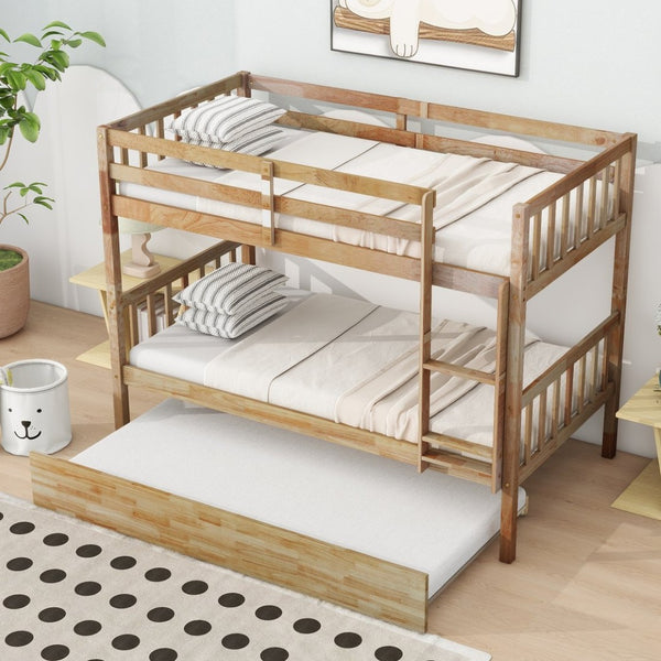 English Elm Twin Over Twin Bunk Bed With Trundle - Versatile Rubberwood Design, Safety Guardrails, Rustic Oak Finish W504S00159-GIGA