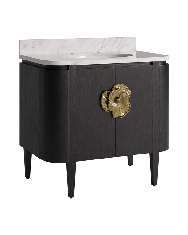 Currey & Company Briallen 36" Vanity With Elegant Carrara Marble Top And Polished Nickel Brass Flower Pull Storage Solutions Black White Oak Solids & Veneers ,Carrara Marble ,Vitreous China ,Brass 3800-0017-currey-company
