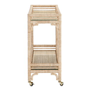 Olisa Natural Rope Bar Cart - Elegant Braided Abaca Design with Glass Shelves & Rolling Casters