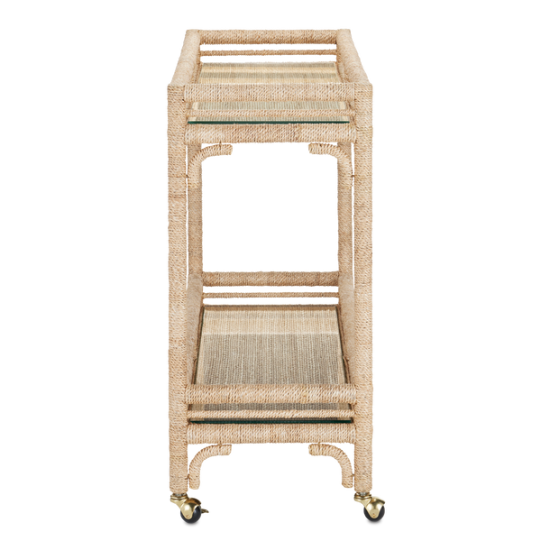 Olisa Natural Rope Bar Cart - Elegant Braided Abaca Design with Glass Shelves & Rolling Casters