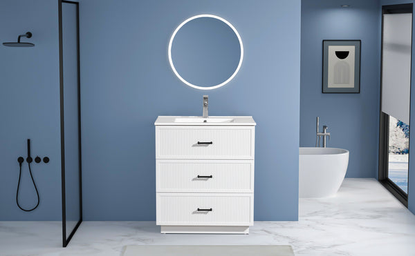 English Elm 30 Inch Bathroom Vanity With Ceramic Sink - Modern Freestanding Storage Cabinet, 2 Drawers, White Finish W1550S00045