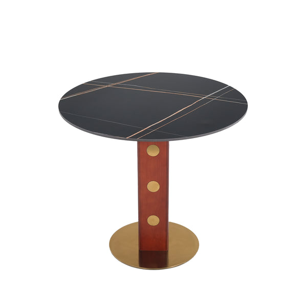 English Elm Modern Round Dining Table - 33.5" Sintered Stone Top, Wooden Legs & Gold Base, Perfect For Small Spaces W1535S00578