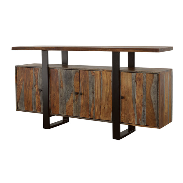 English Elm Kappelman Grey Sheesham Industrial 4-Door Server with Dual Countertops and U-Shaped Metal Legs B062P353472