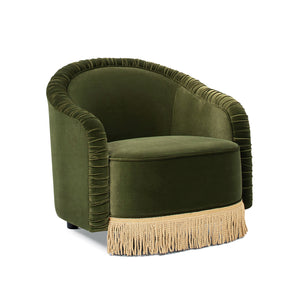 English Elm Jennifer Taylor Home - Serena Olive Green Performance Velvet Barrel Back Accent Chair with Ruched Texture & Bullion Fringe Elegance B2719P355285