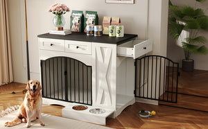 English Elm Go Farmhouse White Wood Dog Crate End Table with Three Drawers and Iron Door Panels N704P338959K