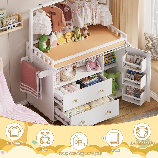 English Elm Modern Nursery Changing Table Dresser with Deep Drawers and Built-in Drying Rack W3393P414579