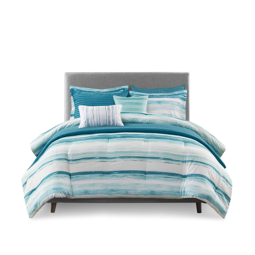English Elm 8 Piece Printed Seersucker Comforter & Quilt Set - Aqua King/Cal King, Coastal Style & Versatile Comfort B03597257