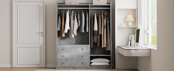 English Elm Open Open Wooden Wardrobe with 2 Rods, 5 Shelves & 3 Drawers — Modern Gray White Storage Solution N820S00021E