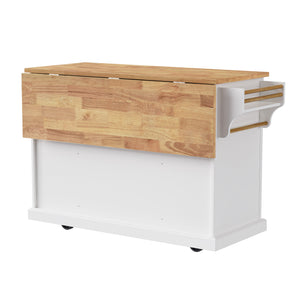 English Elm K&K 54" Farmhouse Kitchen Island with Embossed Texture, Drop Leaf, Soft-Close Drawers & Wheels White N707P195395W