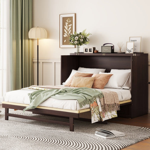 English Elm Queen Size Murphy Bed - Elegant Pine Cabinet With Rattan Accents, Espresso Finish & Storage Drawer W504S00230-GIGA