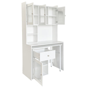 English Elm Computer Desk with Glass Doors, Hutch & Drawer Storage, Rotating 90° Desktop and Spacious Work Surface White W331S00194