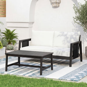 English Elm 2 Piece Outdoor Acacia Wood Loveseat and Coffee Table Set with Textilene Weave Cushions Dark Grey,White+Black N768P368824D