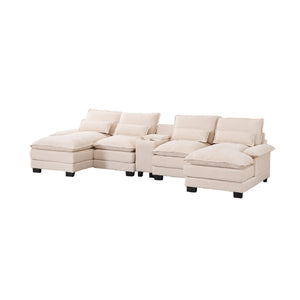 English Elm Modern U-shaped sofa with console, cupholders & USB ports — 6-seat sleeper with double chaise, chenille comfort W3401S00001