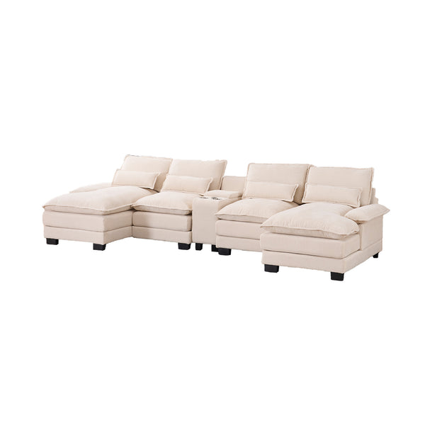 English Elm Modern U-shaped sofa with console, cupholders & USB ports — 6-seat sleeper with double chaise, chenille comfort W3401S00001