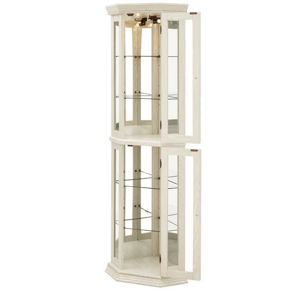 English Elm Lighted Corner Curio Cabinet - Elegant Glass Display With Adjustable Shelves & Bead Bulb Lighting - White W1758P300131