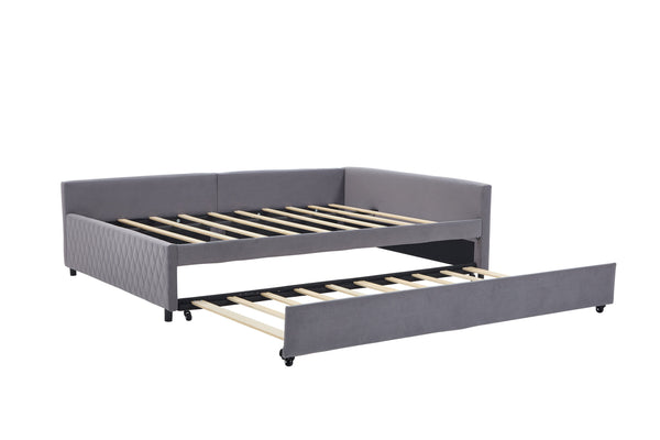 English Elm Upholstered Velvet Daybed with Pull Out Trundle Diamond Tufted Guest Bedroom Sofa Grey W1361S00067
