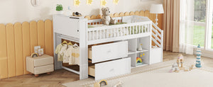 English Elm Twin Loft Bed with Built-In Stairs, Shelves, Hanging Rod & 2 Drawers for Space-Saving Kids Room White 45.87 L x 18.5 W x 10.83 H W2593S00004