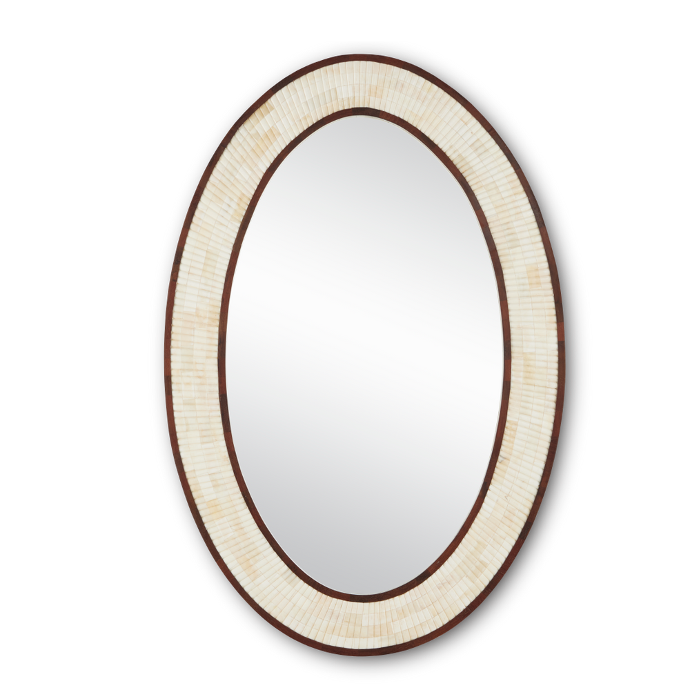 Andar Oval Mirror - Elegant Dark Walnut & Ivory Decorative Mirror with Unique Ribbed Bone Frame