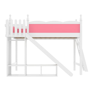 English Elm Queen Solid Pine Loft Bed with Wardrobe Shelves Detachable Slide and Dual Sleeping Zones Pink,White W5305S00026