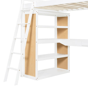 English Elm Twin Loft Bed with Built-in Desk Shelves and Drawer White Pine Study Zone LT100225AAK-1