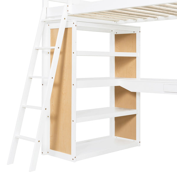 English Elm Twin Loft Bed with Built-in Desk Shelves and Drawer White Pine Study Zone LT100225AAK-1