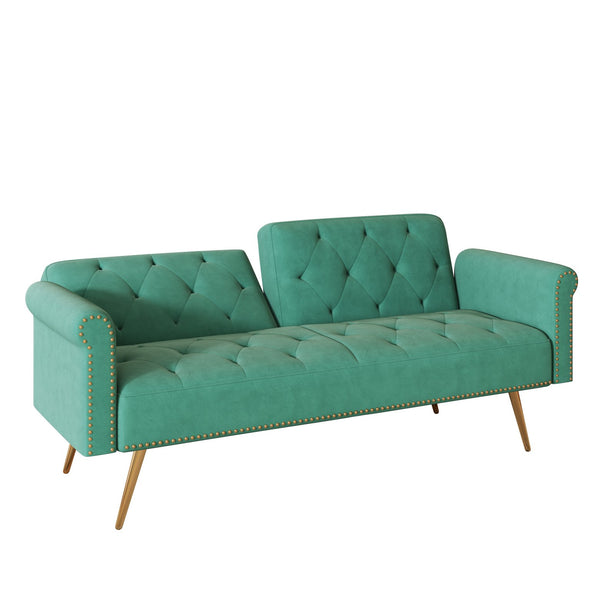 English Elm A Velvet 69.7" Sofa Bed with Gold Legs, Nailhead Trim, 2-Seater Convertible Sofa with Pillow Green W3356P298451