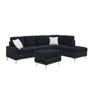 English Elm Sectional L-Shaped Chenille Sofa with Chaise Storage Ottoman, Metal Eucalyptus Frame, 4-Seater Spacious Navy Blue W1413S00118