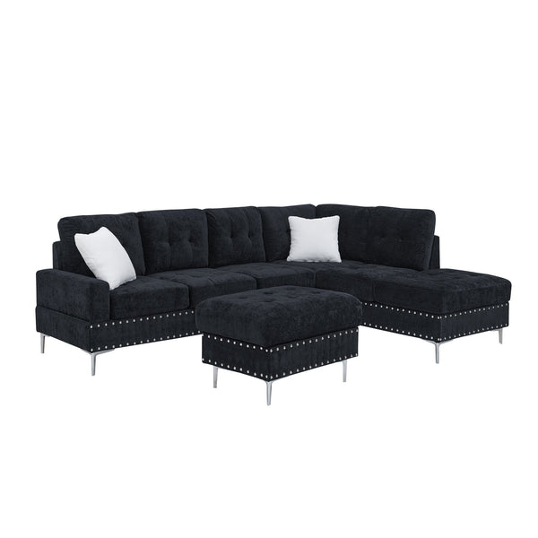 English Elm Sectional L-Shaped Chenille Sofa with Chaise Storage Ottoman, Metal Eucalyptus Frame, 4-Seater Spacious Navy Blue W1413S00118
