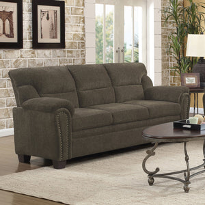 English Elm Scottsdale Plush Brown Sofa with Wide Arms, Cushioned Headrest & Nailhead Trim for Cozy Rooms B062P357814