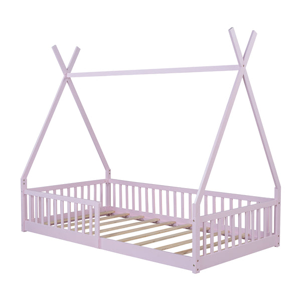 English Elm Twin House Bed with Roof and Fence for Kids – Sturdy Pine Frame, Vintage Wash Design, Safe Sleep Space Pink N709P183348H