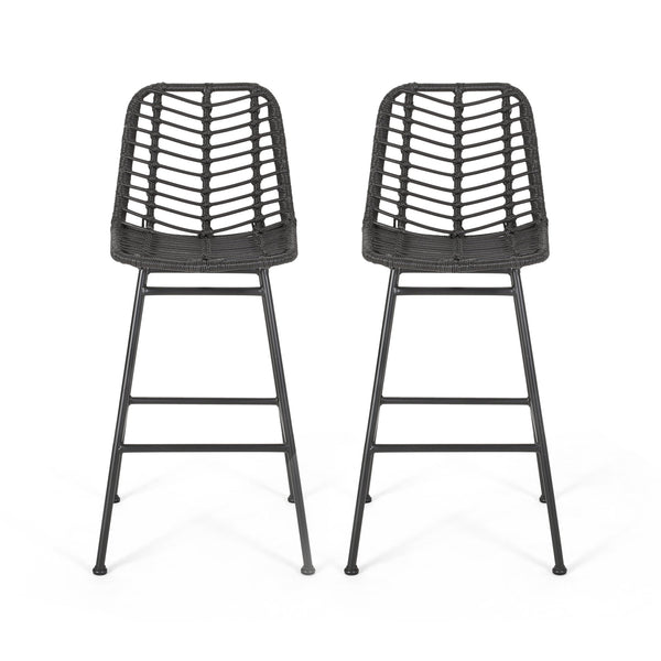 English Elm Christopher Knight Home® - Sawtelle Hand-Wrapped Faux Rattan Barstools Set of 2 — Metal Frame, Modern Minimal Outdoor Chic Grey 65481.00GRY
