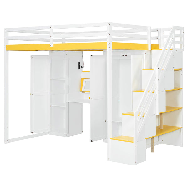 English Elm Full Size Teen Loft Bed with Staircase Shelves Wardrobe Vanity and Led Lighting LT000276AAL
