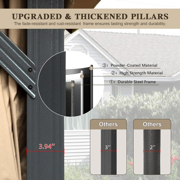 English Elm 10'x13' Outdoor Gazebo Steel Frame Double Roof Patio Shelter with Netting and Curtains Brown W1859P425842
