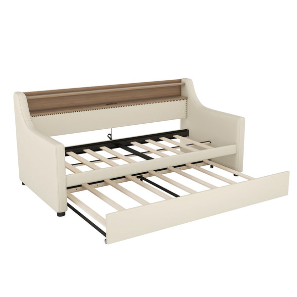 English Elm Twin Size Daybed With Trundle, Usb Charging Station & Led Lights - Chic Beige Upholstered Design W1580S00025-GIGA