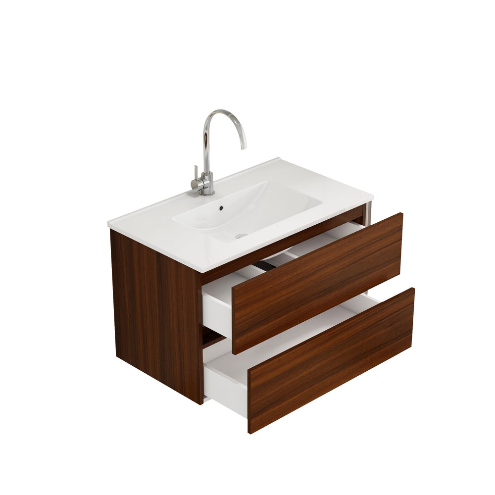 English Elm 32-Inch Wall-Mounted Bathroom Vanity With Soft-Close Drawers, Ceramic Sink, Walnut Finish, Easy Install W3151S00040