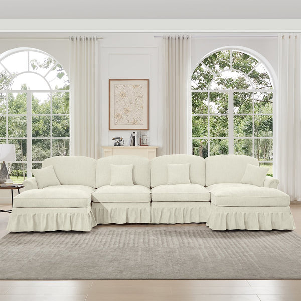 English Elm Classic Modular Sectional Couch With Removable Ruffled Skirt, Ottoman, Flared Arms & Chenille Comfort W3041S00239