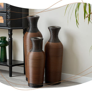 English Elm Desktop PVC Vase Set of 3 Decorative Tall Floor and Table Vases—Modern Durable Artful Accents for Home Black+Brown W2796P261490