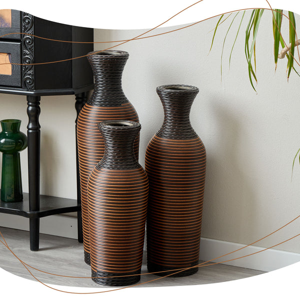 English Elm Desktop PVC Vase Set of 3 Decorative Tall Floor and Table Vases—Modern Durable Artful Accents for Home Black+Brown W2796P261490